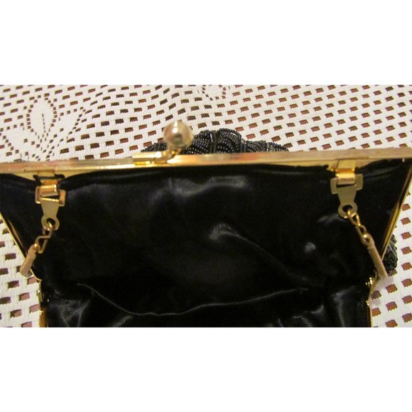 Retro Vintage Black Satin Beaded Clamshell Evening Clutch/Purse/Hand Bag - Picture 5 of 9